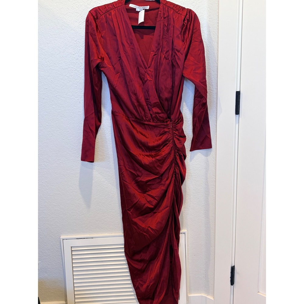 Veronica Beard Cameri Cabernet Silk Ruched Midi Dress Long Sleeve V-Neck Size 8